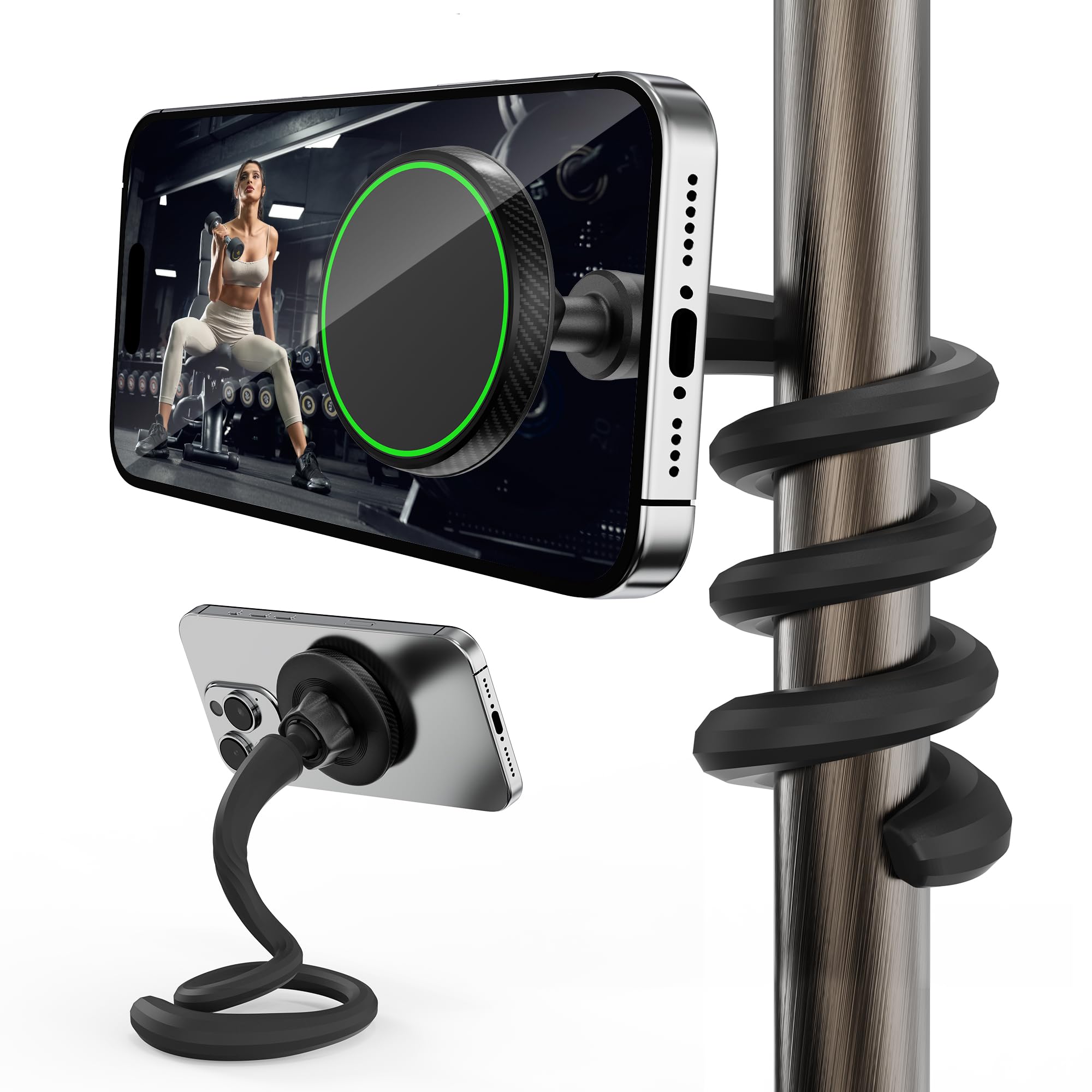 Flexible Phone Holder for Treadmill, Magnetic Gooseneck Cell Phone Mount Compatible w/ MagSafe, iPhone 17-12 & Android, Silicone Stand for Spin Bike Stroller Wheelchair Shopping Cart - Gym Accessories