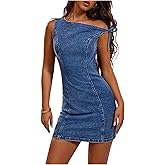 Floerns Women's Asymmetrical Neck Knot Denim Dress Party Bodycon Mini Jean Dresses