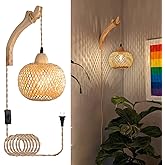 Frideko Bamboo Lantern Plug in Wall Sconces Wicker Wall Lamp with Plug in Cord Hand Woven Rattan Wall Light Farmhouse Rustic 
