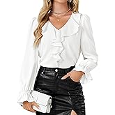 Rooscier Women's Ruffle V Neck Flounce Long Sleeve Elegant Business Work Blouse Shirt Top