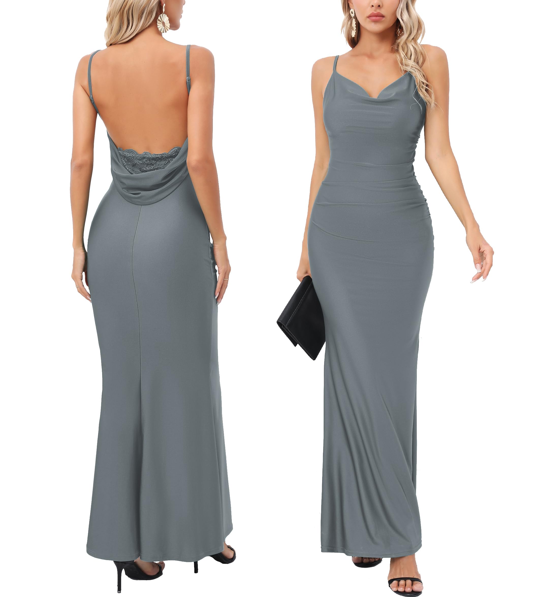 Capuffy Women Drape Neck Formal Maxi Dresses Lace