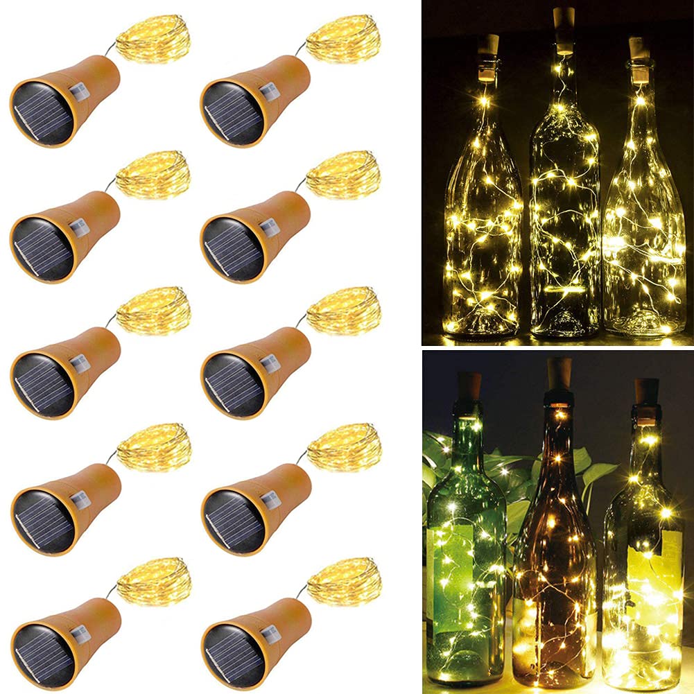Toifucos Solar Wine Bottle Lights, 10 Pack 20LEDs 2M Copper Cork Shaped Lights Solar Fairy Lights Mini Fairy String Lights for Indoor Outdoor DIY, Party, Wedding, Christmas Decor (Warm White)