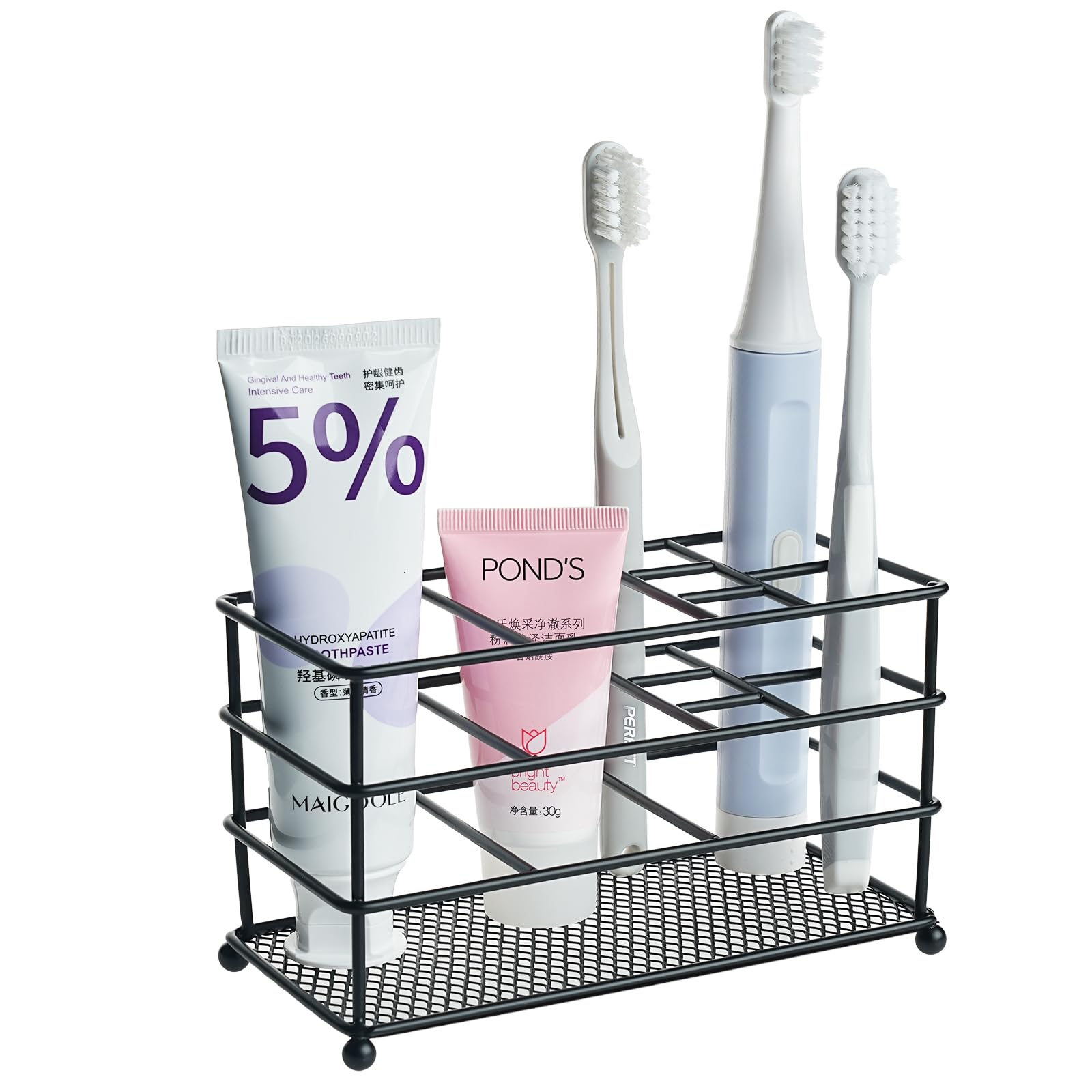 IWTTWY Toothbrush Holders for Bathroom, 7 Slots Ventilated Electric Toothbrush Caddy Wall Mounted, Multifunctional Toothpaste Holder Wall Stand Toothpaste Dispenser for Bathroom Storage, Black