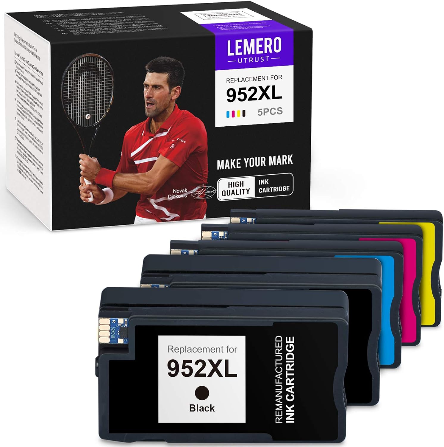 LemeroUtrust Remanufactured Ink Cartridge Replacement for HP 952 XL 952XL use with HP OfficeJet Pro 8710 8702 8720 8210 8200 8715 8725 8730 8740 8216 7740 7720 (Black, Cyan, Magenta, Yellow, 5-Pack)