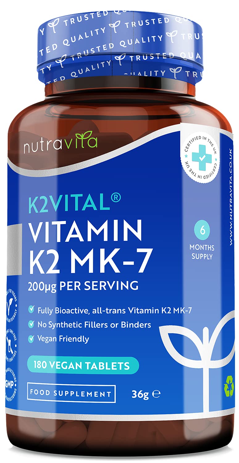 Vitamin K2 Vitalยฎ MK7 200mcg (Clinically Proven Ingredient) - 180 Vegan Micro Tablets (Not Capsules) - Maintenance of Normal Bones - High Strength Menaquinone MK7 - Made in The UK by Nutravita