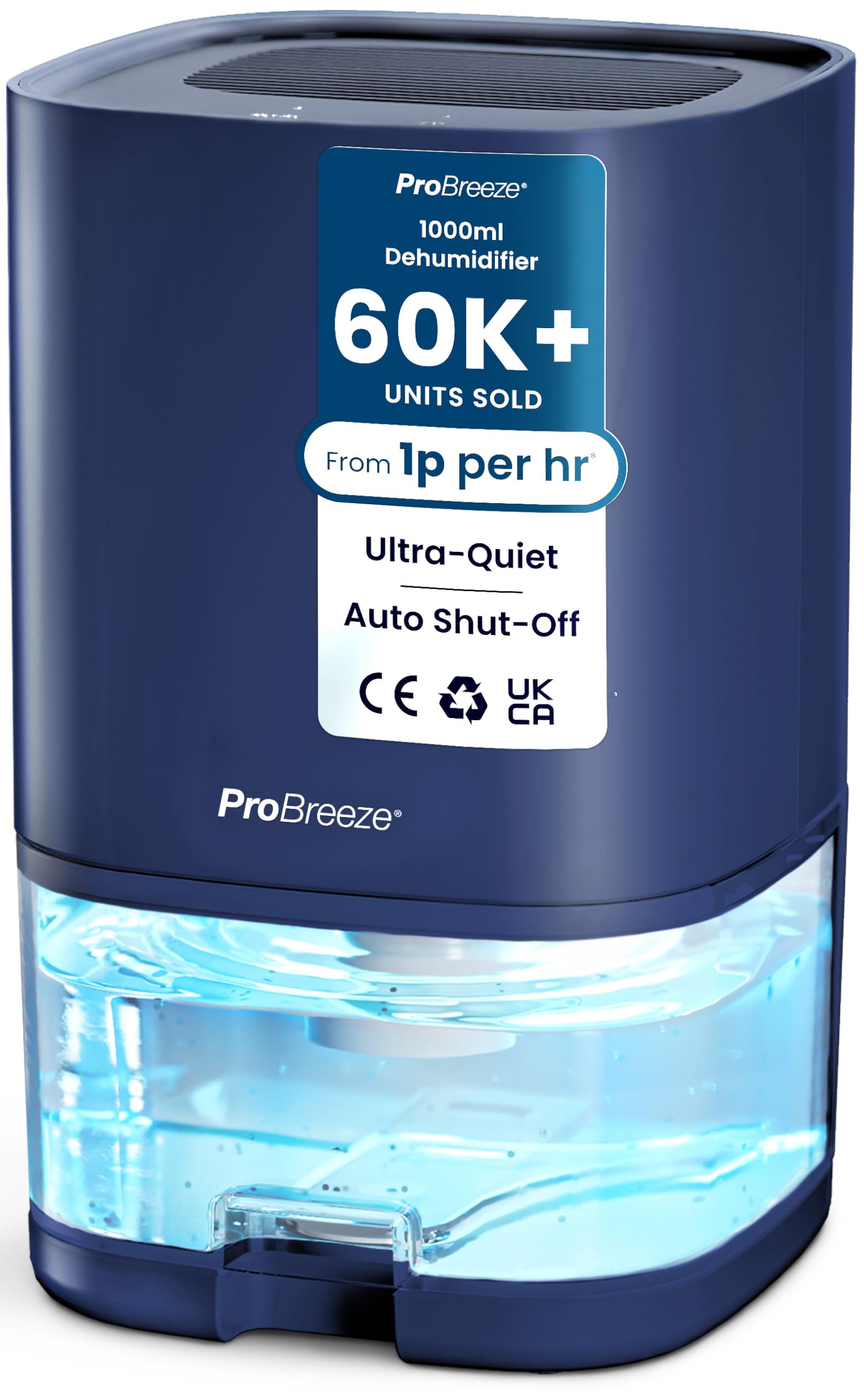 Pro Breeze 1000ml Dehumidifier for Bathroom - Quiet, Portable & Small Air Dehumidifier for Bedroom Mould, Damp & Moisture - with 4-Hour Timer, Auto Shut-Off & LED Changing Lights - Blue