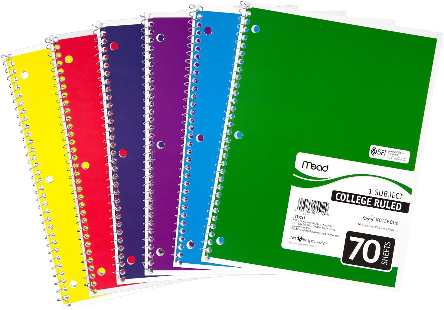 Mead Spiral Notebooks, 1 Subject, College Ruled Paper, 70 Sheets, Colored Note Books, Lined Paper, Home School Supplies for College Students & K-12, 10 1/2" x 8”, Assorted Colors, 6 Pack (73065) : Office Products