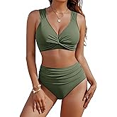 Blooming Jelly Womens High Waisted Bikini Set Retro Tummy Control Swimsuit Wide Strap Twist Front Tie Back Bathing Suit
