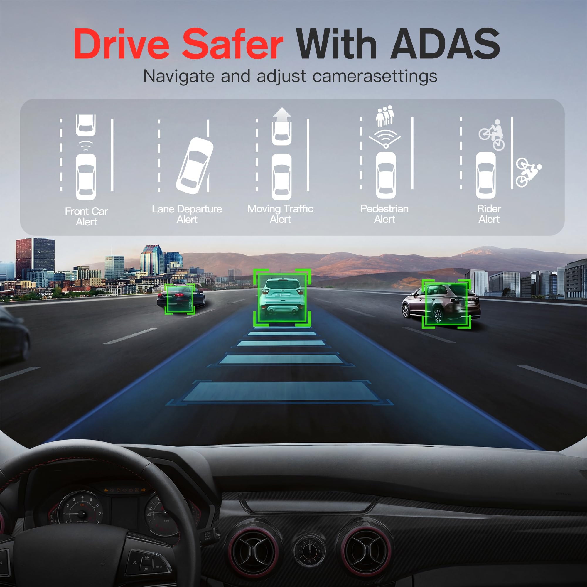 4K+1K+1K 3 Channel Dash Cam Front & Rear&Cabin Camera for Cars,Free 64GB Card, 5.8GHz WiFi 6 /GPS, G-Sensor, 170° Wide Angle, 3” IPS Smart Screen, 24H Parking,WDR,ADAS Support 512GB Max