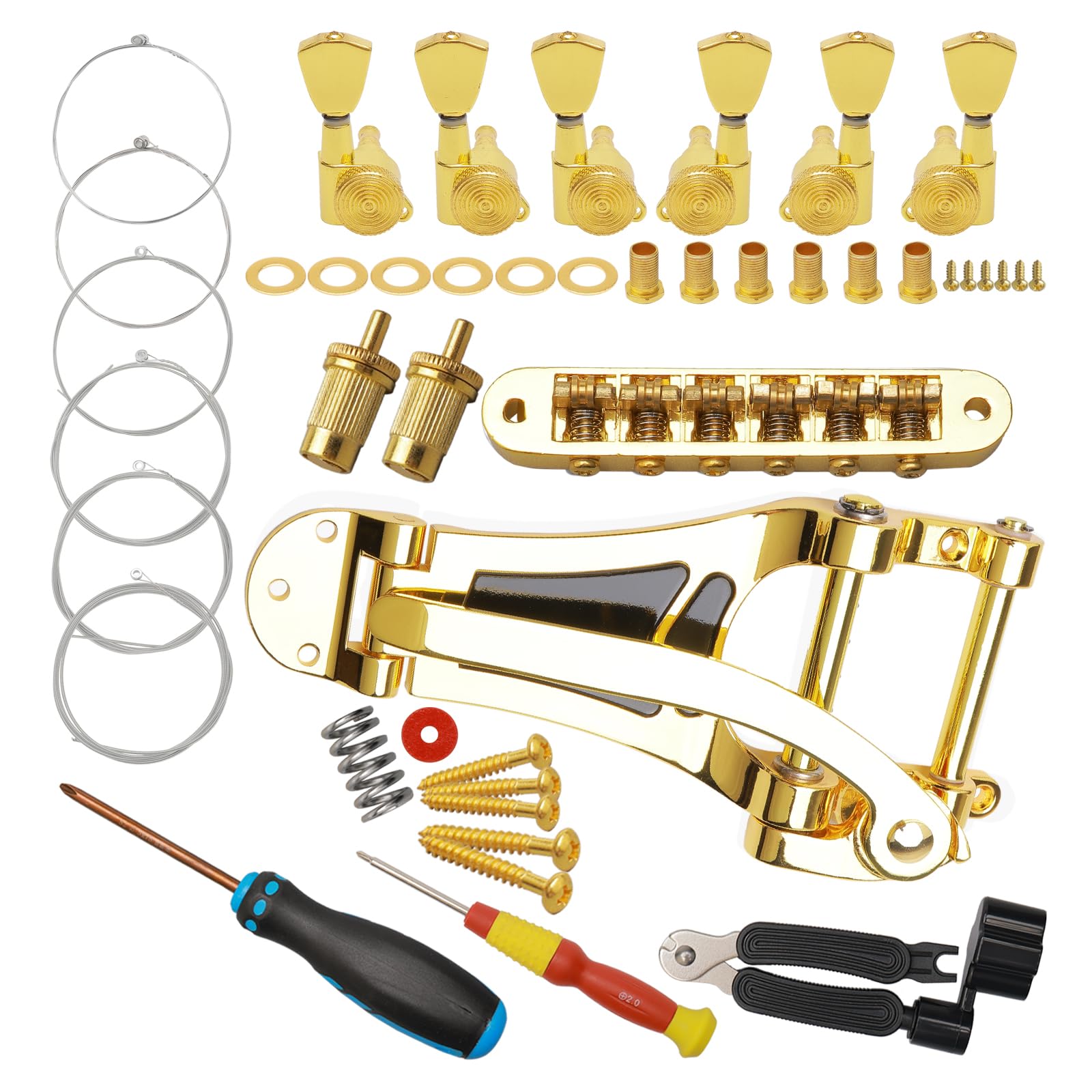 Unxuey Guitar Replacement Parts with Vibrato Tremolo Bridge Tailpiece,Roller Saddle Tune-O-Matic Bridge for Jazz LP Guitar, 3L3R Guitar Locking Tuners, Strings, String Winder, Screwdrive and Nuts