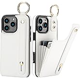 Folosu for iPhone 16 Pro Max Wallet Case with Card Holder, Hand Wrist Strap Loop Holder Kickstand, RFID Blocking Finger Grip Ring PU Leather Double Buttons Shockproof Cover 6.9" White