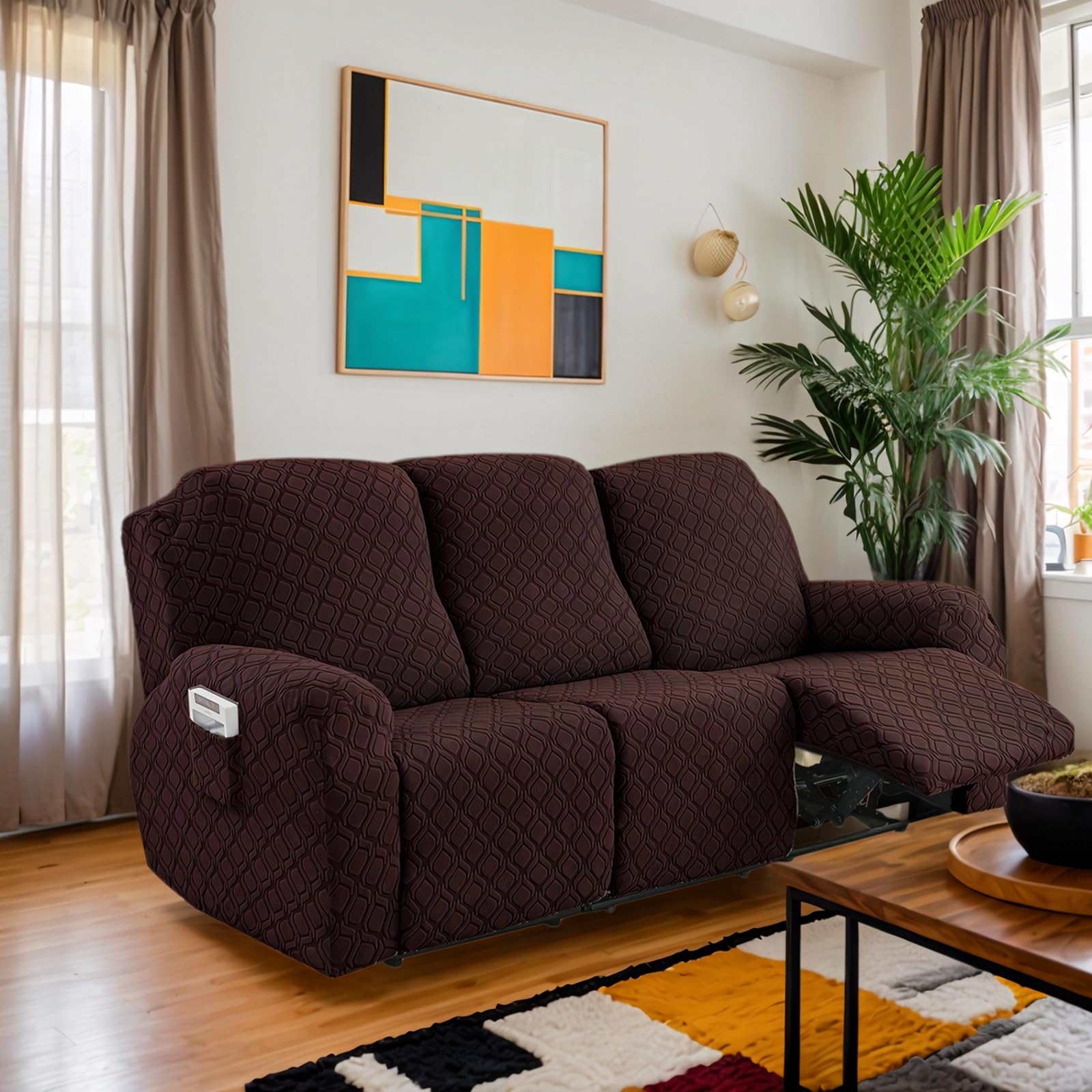 OKUYUK Recliner Chair Cover, 8-Pieces Stretch Recliner Covers for Recliner Chair Soft Reclining Chair Slipcover Furniture Protector for Dogs Cats (Coffee, 3 Seater)