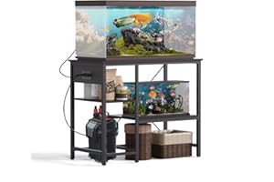 BEURUKU 40-50 Gallon Fish Tank Stand with Power Outlet & LED Light, Metal Aquarium Stand with 3 Tier Adjustable Storage Shelves, Tank Stand for Reptile Tank, Turtle Tank, 36" L*18.5" W, Black
