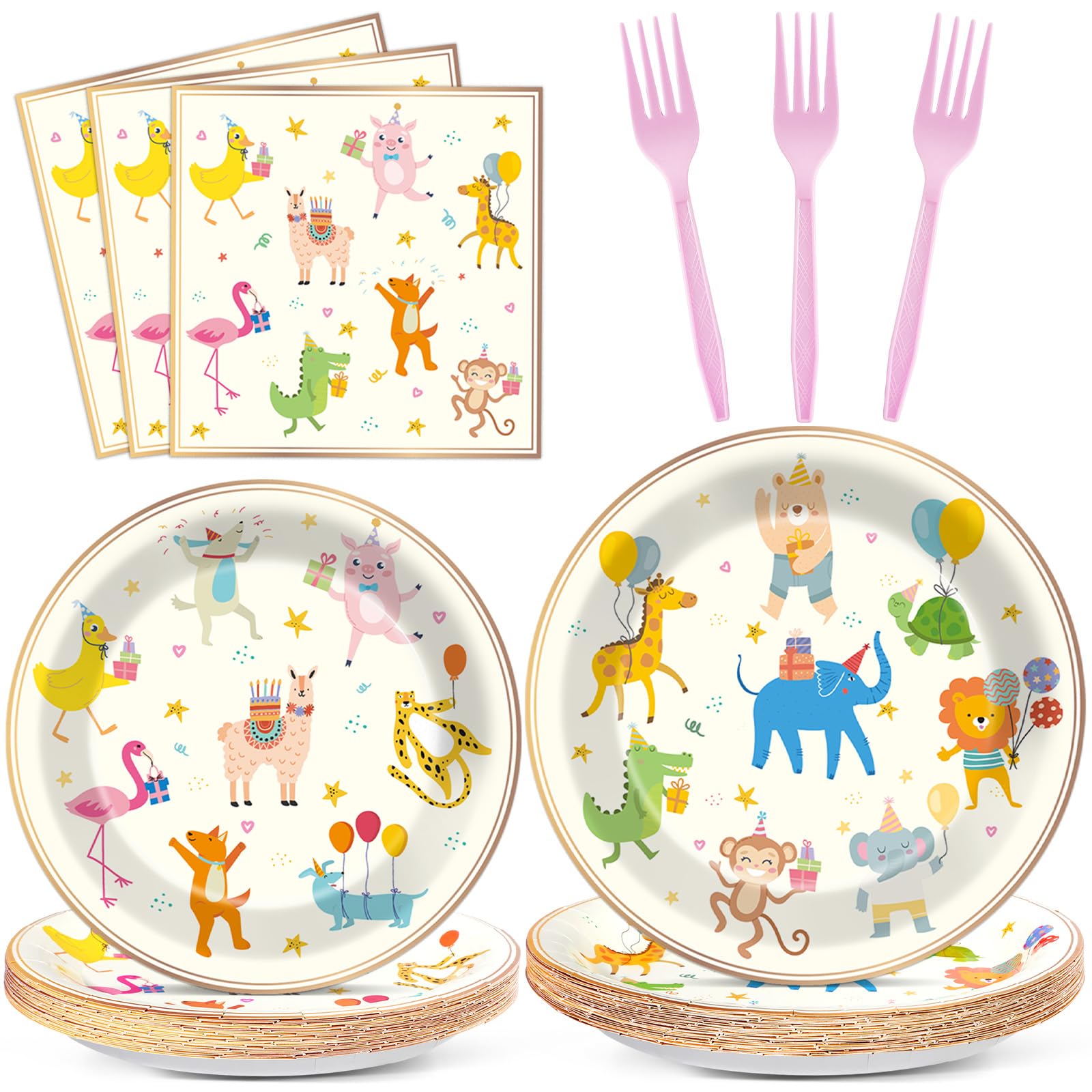 Photo 1 of Qyeahkj 100PCS Party Animal Plates and Napkins Party Supplies Happy Birthday Parade Tableware Set Faint Yellow Birthday Decorations Favor Dinner Plates for Animal Party Celebrations Serves 25
