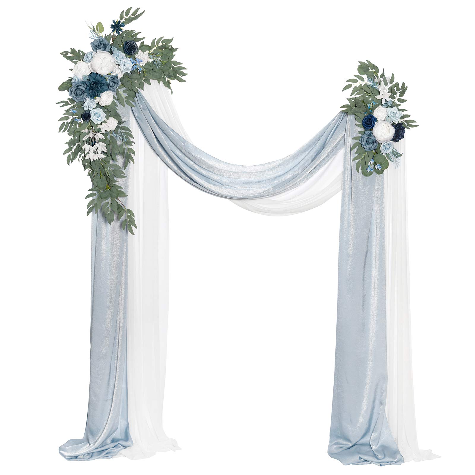Photo 1 of **SEE NOTES** Ling's Moment Dusty Blue Artificial Wedding Arch Flowers Kit Pack of 4, 2pcs Hanging Flower Arrangement 2pcs Chiffon Drape Ceremony Spring Fake Silk Rose Arbor Backdrop Floral Swag Outdoor Beach Decor