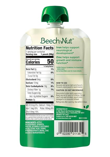 BEECH-NUT IRON & ZINC STAGE 4 APPLE, BLUEBERRIES & SPINACH TODDLER FOOD, 3.5 OZ POUCH