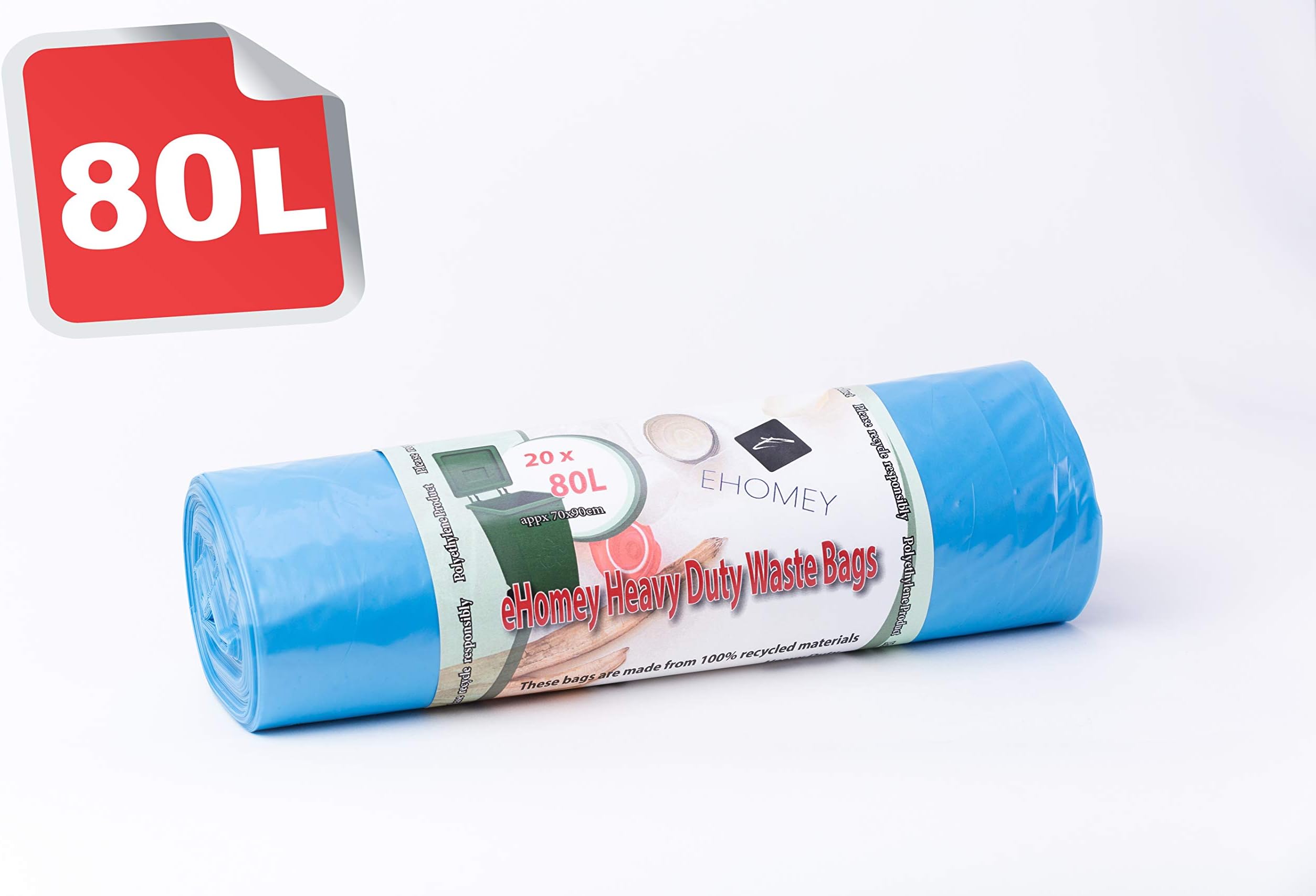 eHomey 80 L Litre Bin Liners, Large Waste Bin Bags, Extra Strong Refuse Sacks, Heavy Duty Rubbish Bag - 70 x 90cm - 20 Bags 1 Roll Blue