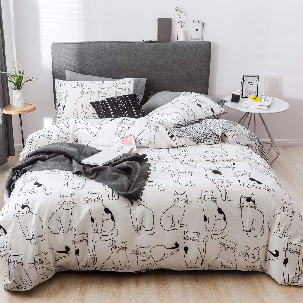 HighBuy Cute Cat Pattern Duvet Cover Twin 100% Cotton Boho Bedding Duvet  Cover Set Black and White Grid Comforter Cover Pieces for Toddler Girls
