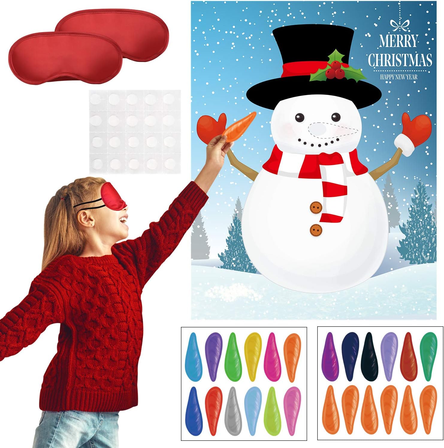Gejoy Christmas Party Pin Games Set Pin The Nose on The Snowman Pin The Beard on The Santa Claus Pin The Nose on The Reindeer for New Year Xmas Party Supplies(Snowman)