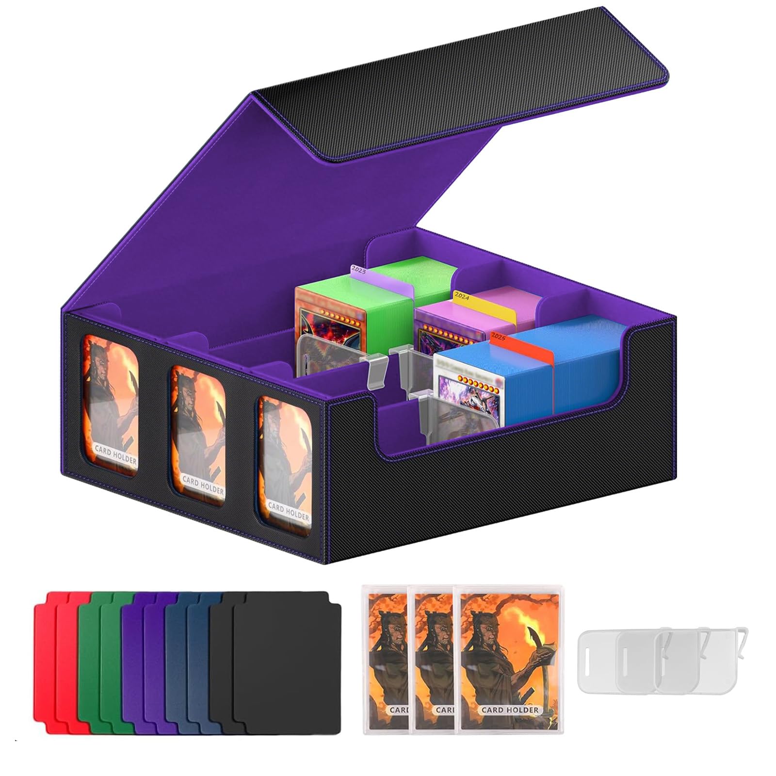 LZEXIN Card Deck Box with Display Window, MTG Deck Storage Box Holds 2400+ Cards, PU Leather Commander Card Collection Box with Magnetic Closure for MTG, YuGiOh, TCG(B-Purple) — image 1