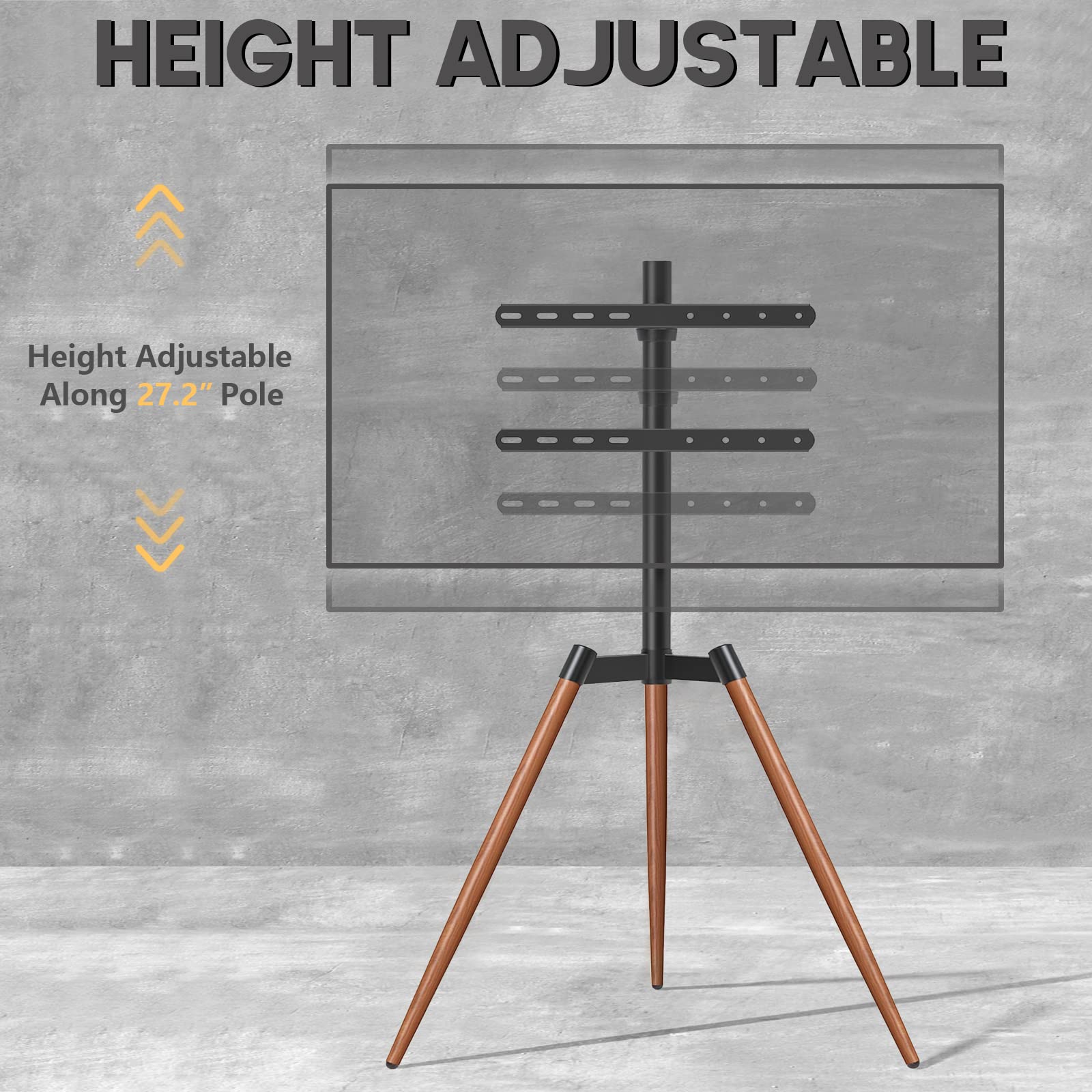 TVON Easel TV Stand with Tripod Base for 37–65 Inch Flat/Curved Screen TVs up to 77 lbs, Height Adjustable TV Floor Stand with Cable Ties and 100° Swivel for Bedroom, Living Room, Studio, Brown