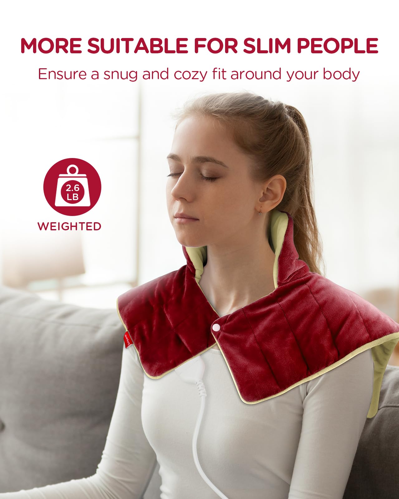 Heating Pad for Neck and Shoulders and Back, Comfytemp Weighted Electric Heat Pad for Pain Relief, 2.6lb Large Heated Wrap, 9 Heat Settings, 11 Auto-Off, Women Men Birthday Gifts Red
