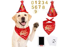 JZXOIVA Dog Birthday Party Supplies with Paw Print Kits, Dog Birthday Bandana Set, Cat Boy Girl Party Hat with Numbers for Large Medium Small Dogs, Adjustable Pet Anniversary Outfit, Red