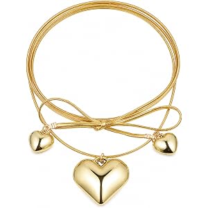 Dimioaoa Chunky Heart Heart Locket Necklace for Women, Adjustable Gold Tie Necklace Layered Tie Wrap Around Necklaces for Chr