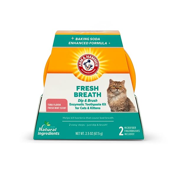 ARM & HAMMER DIP & BRUSH FRESH BREATH ENZYMATIC TOOTHPASTE KIT FOR CATS AND KITTENS WITH 2 MICROFIBER FINGER BUSHES, 2.5 OUNCES, TUNA FLAVOR | CAT DENTAL CARE KIT