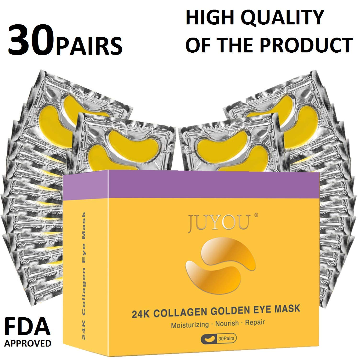 Under Eye Patches, Eye Mask, Gold Under Eye Mask, Gold Eye Mask, Eye Pads, Collagen Eye Patch, JUYOU Eye Patch For Anti-wrinkles, Puffy Eyes, Dark Circles, Fine Lines Treatment (30Pairs 24k Gold) : Beauty