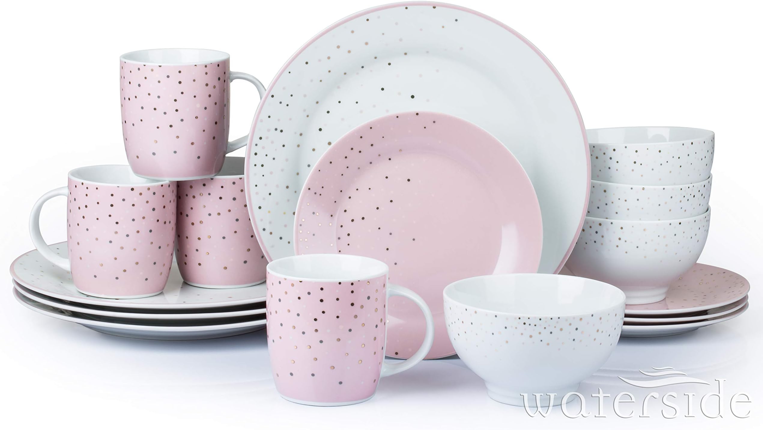 Waterside - 16 Piece Gold Spotted Pink Dinner Set