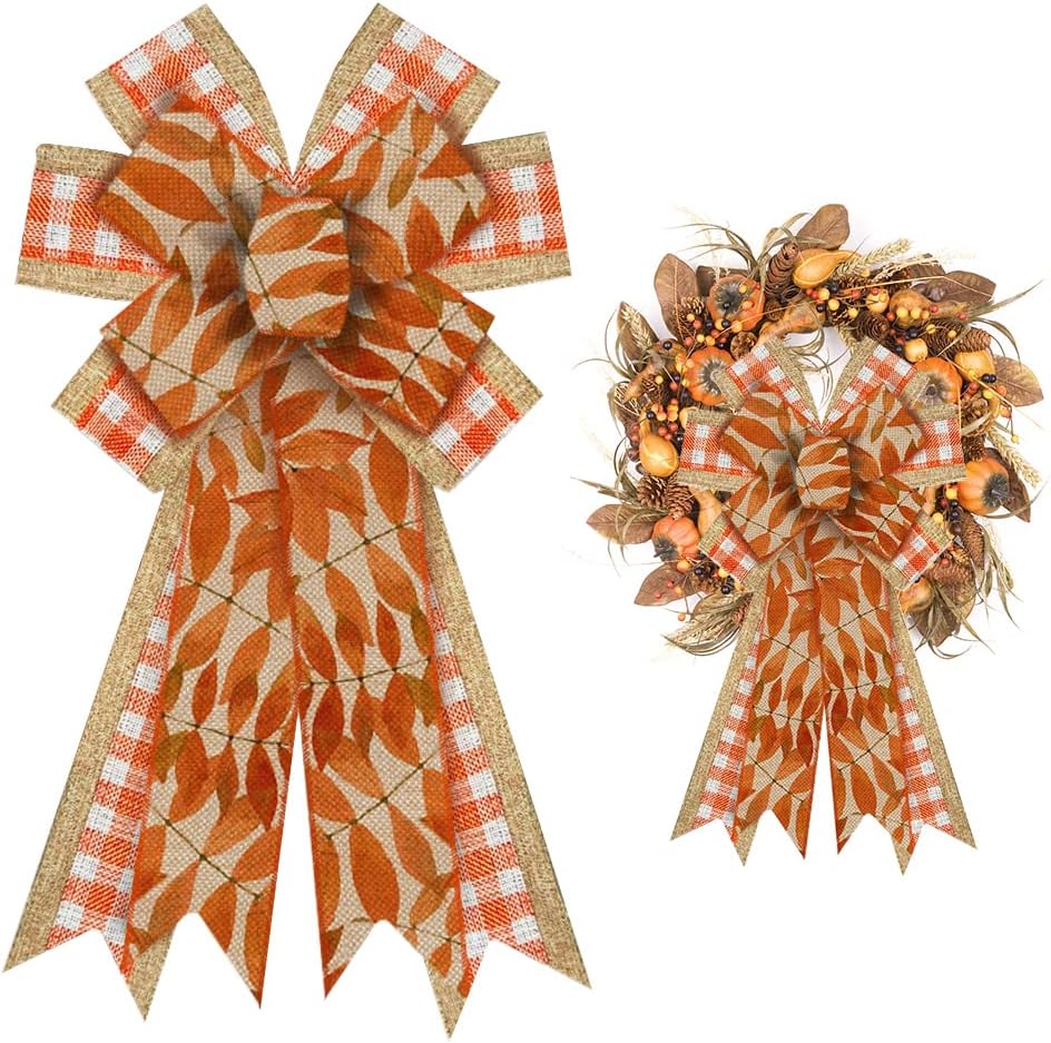 Bows & Ribbons - ALIBBON Large Fall Bows for Wreaths, Thanksgiving Wreath Bows, Orange Buffalo Plaid Bows, Fall Leaves Bows for Front Door, Fall Thanksgiving Decor, Burlap Bows for Wreath Indoor Outdoor Decorations