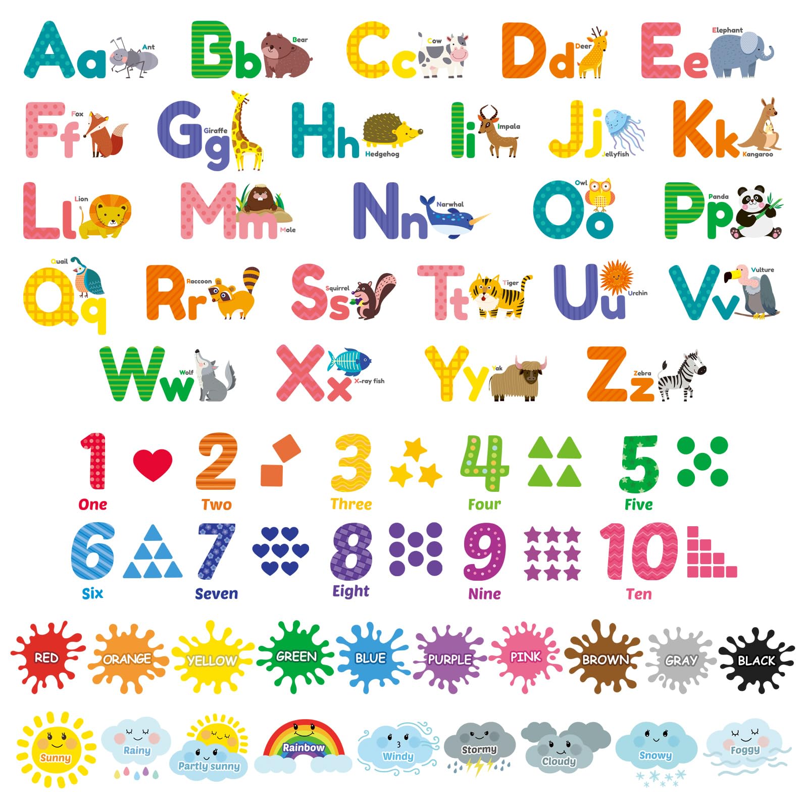 DECOWALL DS12-8070 Animal Alphabet Numbers Colour Weather Kids Wall Stickers Learning ABC 123 Decals Removable for Bedroom Classroom Nursery Educational Décor Decorations