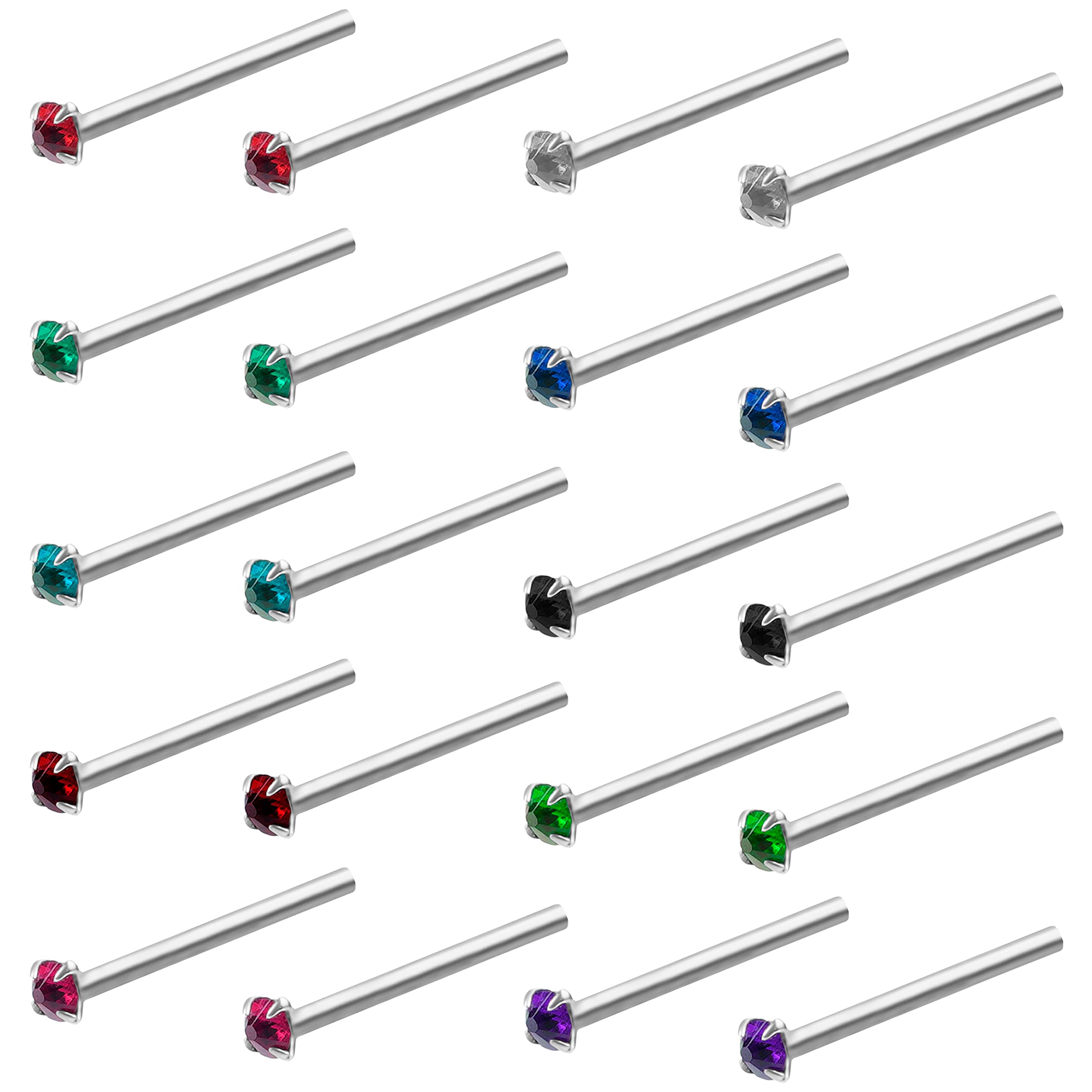 Kurtzy 20 Pack Nose Piercing Studs - 1.8mm Stainless Steel Jewellery Set - Crystal Jewels in Assorted Colours - For Cartilage, Tragus, Nostril, Labret, Helix & Lips - For Women & Men