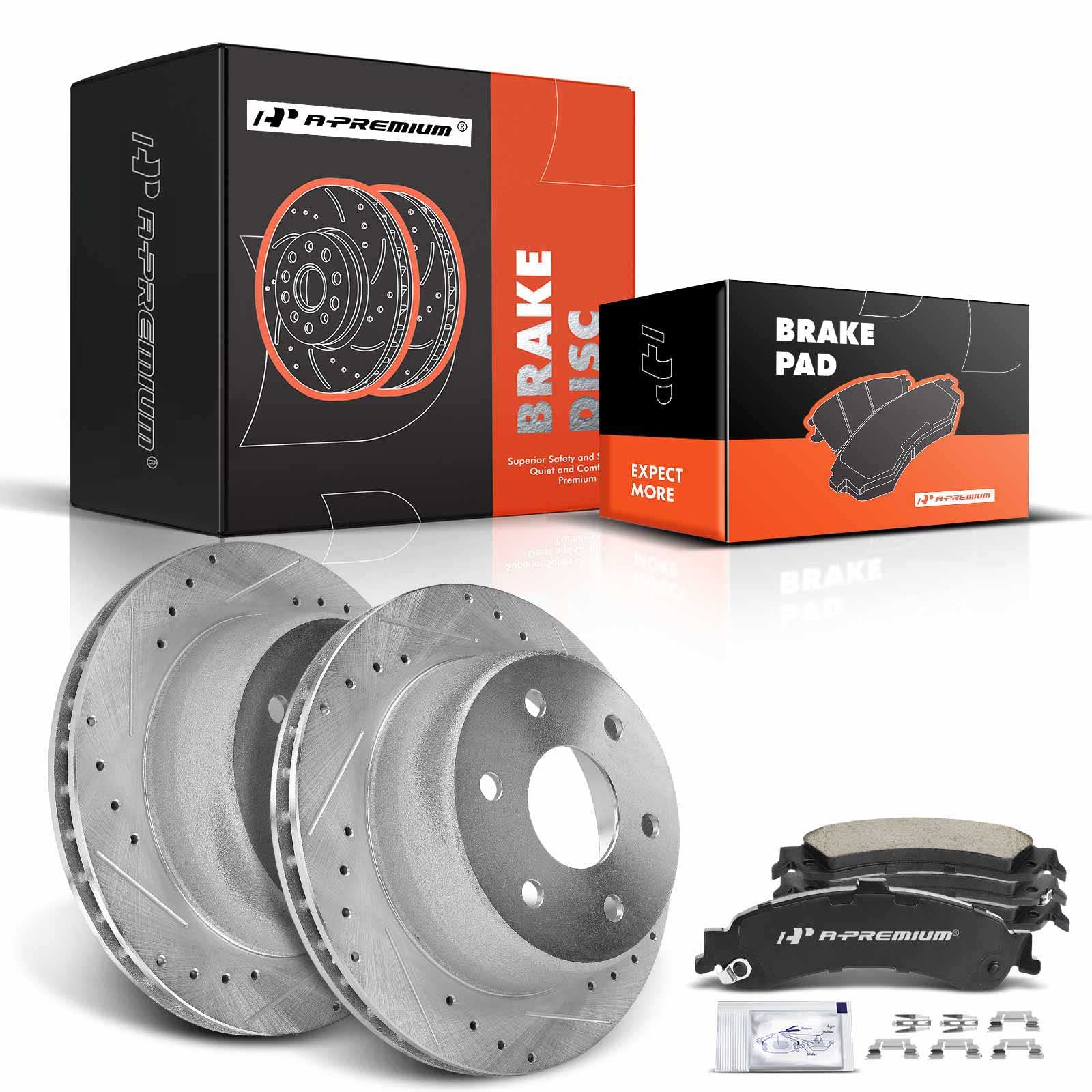 View 1 of A-Premium 12.99 inch(330 mm) Rear Drilled and Slotted Disc Brake Rotors+Ceramic Pads Kit Compatible with Select Cadillac, Chevy and GMC Models- Escalade, Avalanche 1500, Silverado 1500, Express 1500