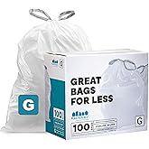 Plasticplace Custom Fit Trash Bags, Compatible with simplehuman Code G (100 Count) White Drawstring Garbage Liners 8 Gallon / 30 Liters, 17.5" x 28"