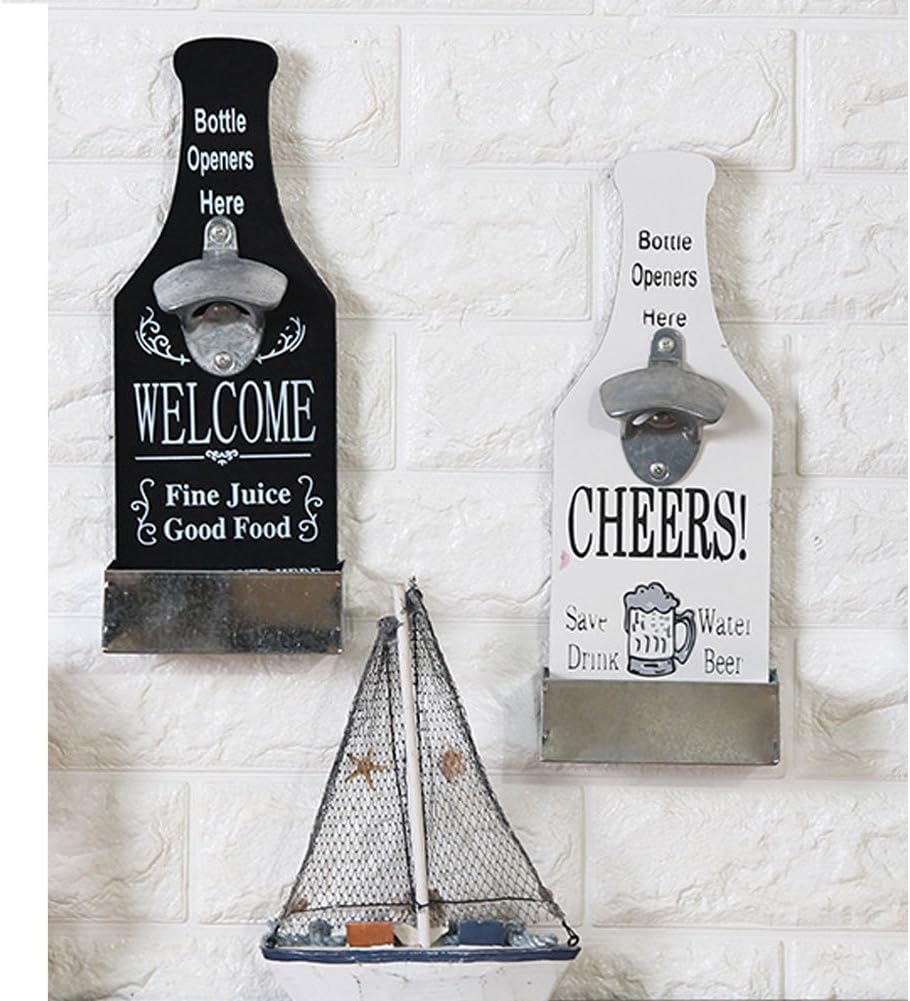 SRHOME Wall Mounted Bar Beer Bottle Opener With Cap Catcher-Fashion Classic Vintage Wall Cap Catching Beer Bottle Openers-Easy to Hang and Fun to Use Wall Decoration (White)