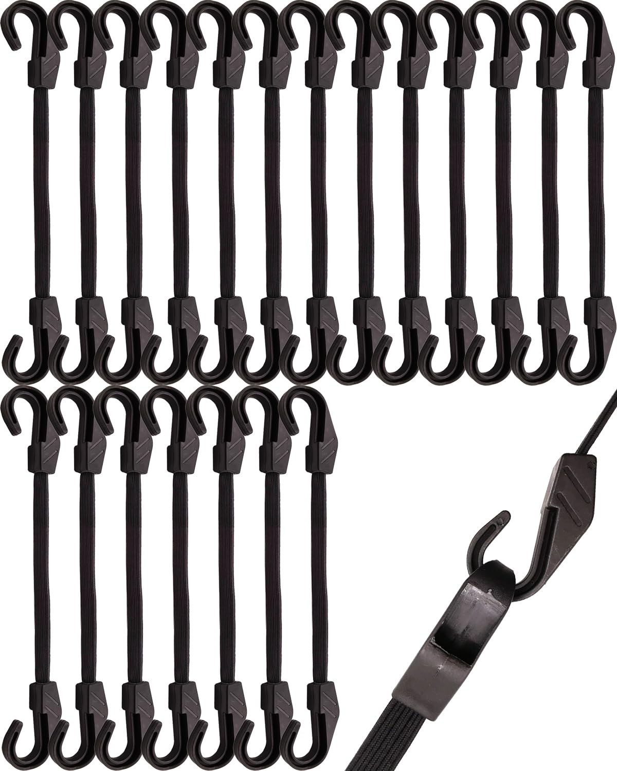 BINCKIN Bungee Cords with Hooks 30cm - 20 PCS Heavy Duty Bundy Cord with Hooks, 18mm Strong Bungee Straps with Hooks for Outdoor Camping Tarp, Tents, Bikes and Fixings (Black)