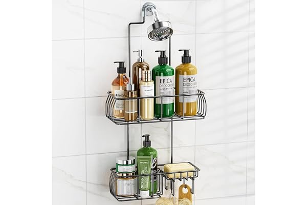 Epicano Shower Caddy Hanging, Anti-Swing Over Head Shower Caddy Rustproof with hooks for Towels, Sponge and more, Matte Black