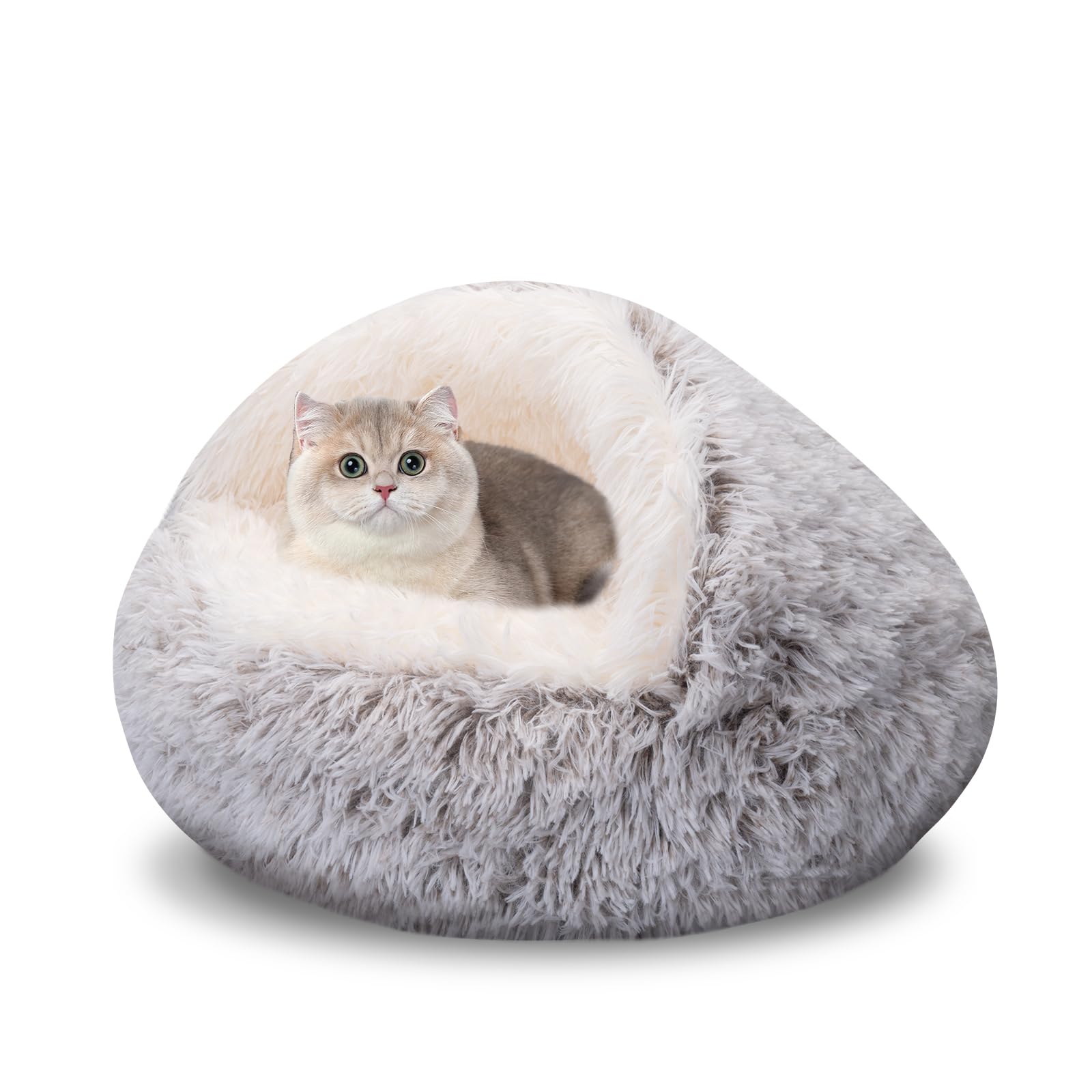 Photo 1 of GOSALISU Cat & Small Dog Bed- Cozy Hooded Round Calming Cave Bed, Warm Plush, Anti-Slip, Machine Washable, 20in
