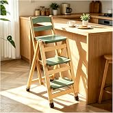 Folding Bar Stool, 3 Step Portable Adults Solid Wood Ladder Stool, Green | 3 Step Folding Stool Multifunction Portable for Household Kitchen, Counter Chair, Bathroom Storage Shelf