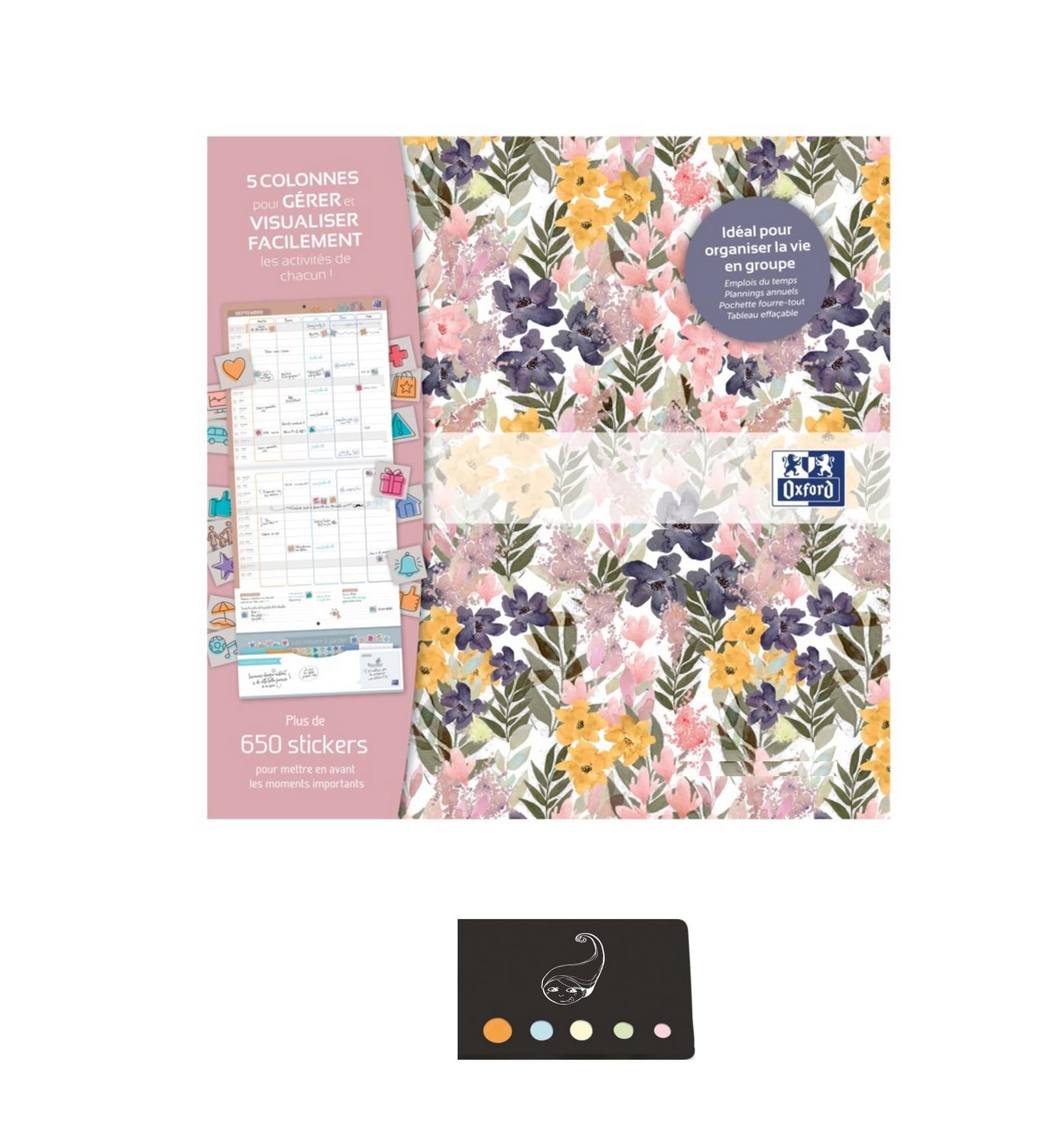 Set of Family Calendar "Bien S'organise" September 2025 to December 2026 + 1 Blumie Index (30 x 30 cm 16 Months, Pink)