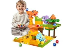 Fygurso Marble Runs for Kids 4-8, Dinosaur Toys, Interactive Learning STEM Building Toys with 4 Race Track, Compatible with All Major Brands for Kids Ages 3 4 5 6 7 8+ Boys Girls Gifts (Yellow)