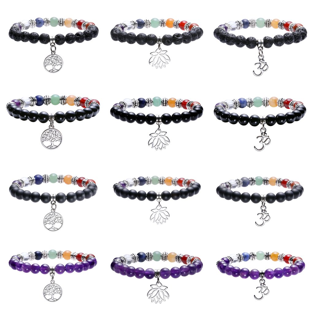 JOVIVI Stein Armband Energietherapie Yoga-Armband Lotus/Baum des Lebens/OM Symbol Anhänger 7 Chakra Balance Armreif(Amethyst-Baum des Lebens)
