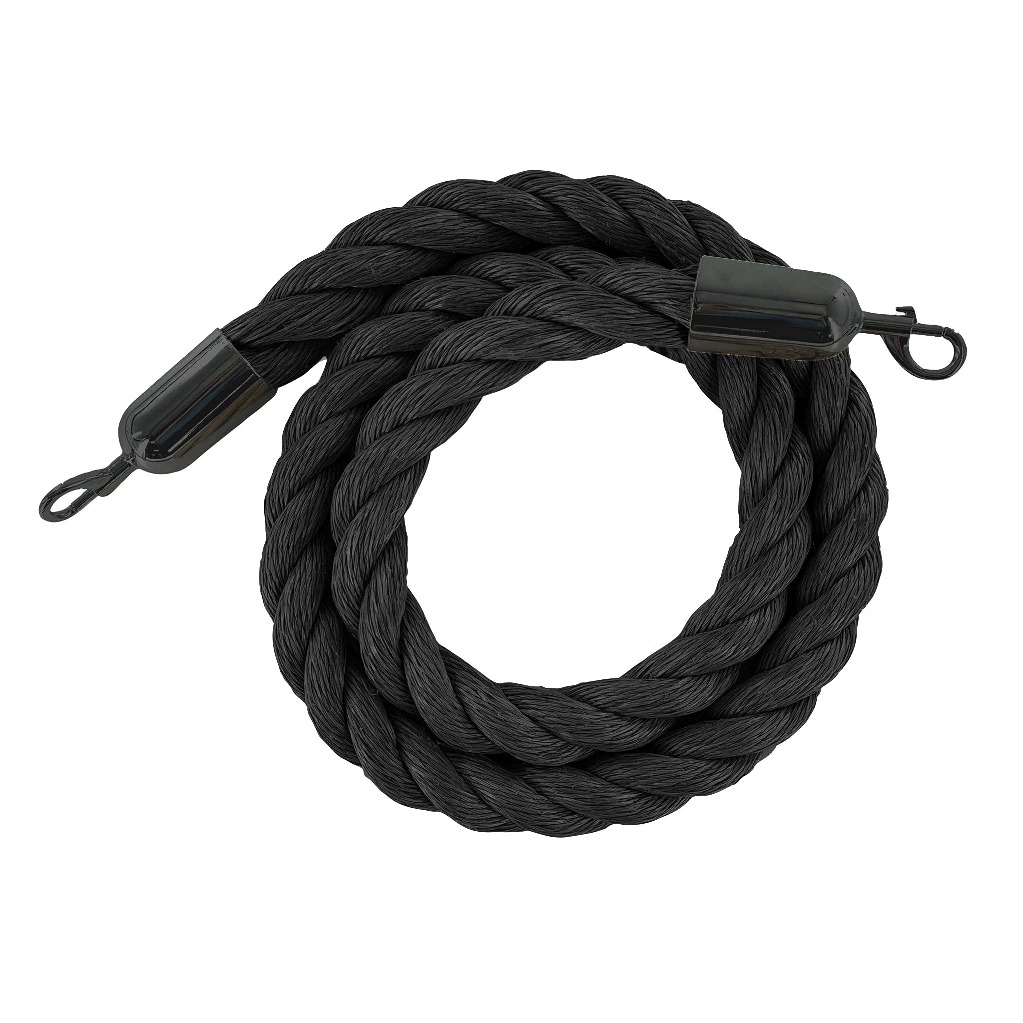 Photo 1 of Montour Line Black Heavy-Duty Twisted Polypropylene Rope 6 Feet with Black Powder Coated Steel Snaps, Post Queue Line Barrier for Movie Theaters, Grand Openings, Hotels