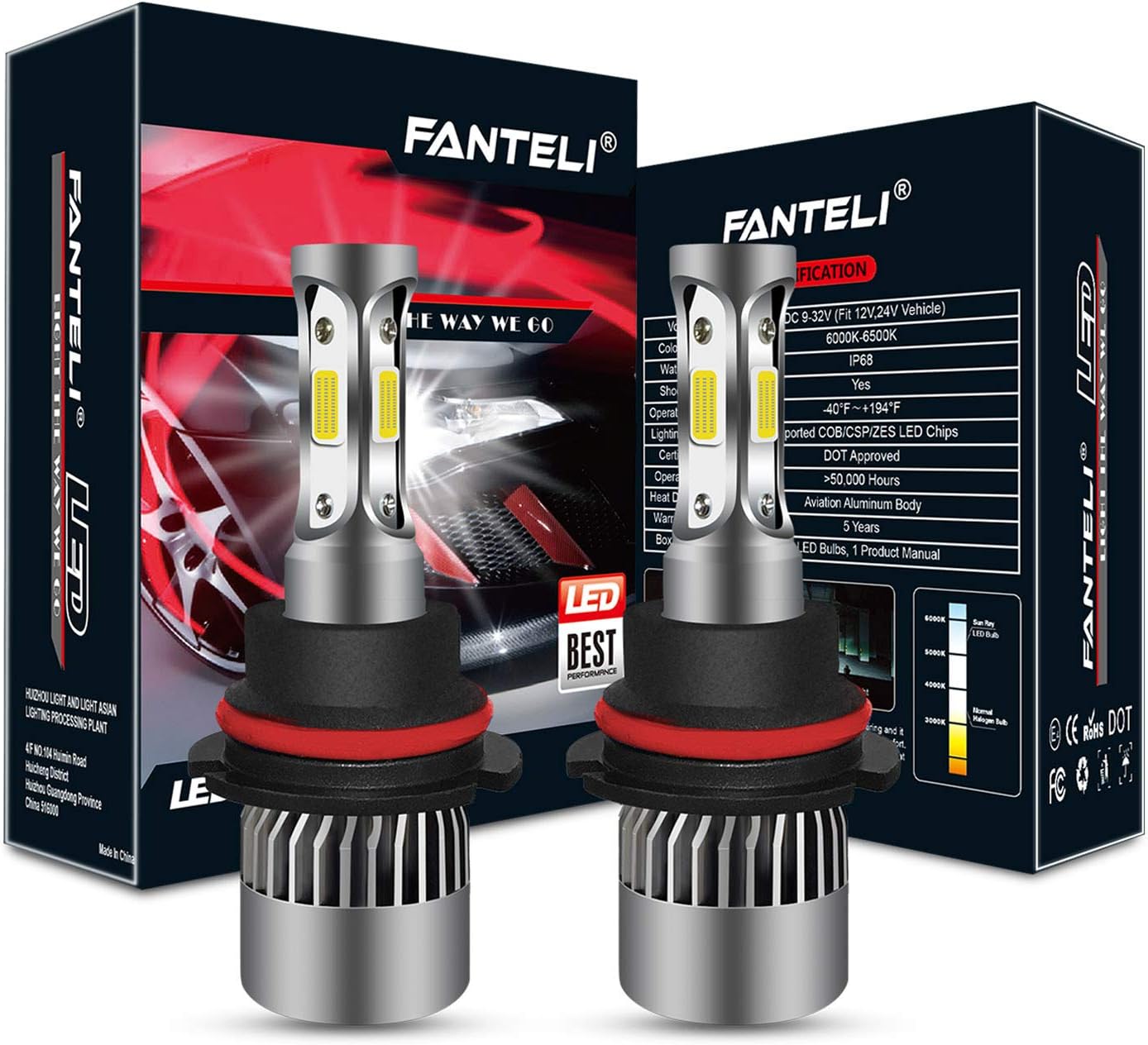 FANTELI 9007/HB5 10000K-12000K Deep Blue 3-Sided LED Headlight Bulbs All-in-One Conversion Kit - 72W 8000lm Dual Hi/Lo Beam Extremely Bright