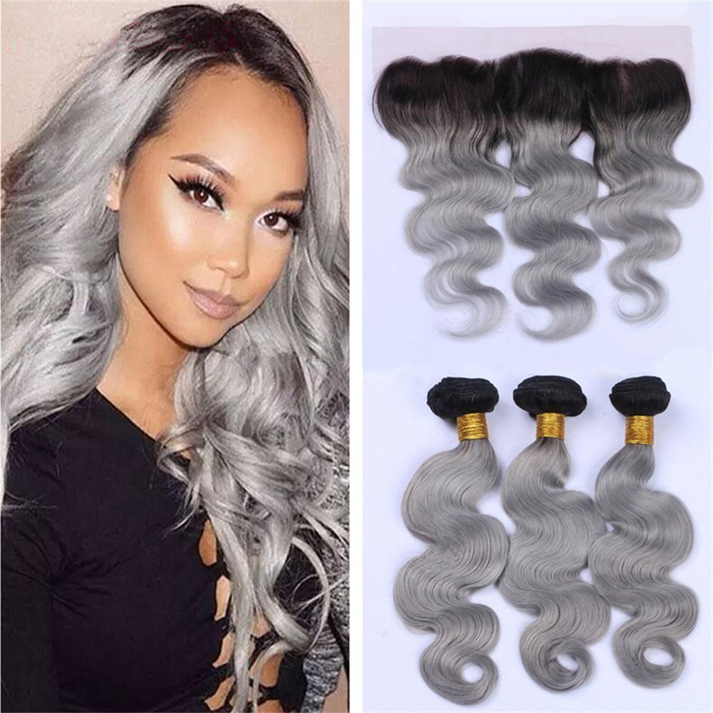 Zara Hair Ombre Grey Bundles with Frontal Closure Two Tone