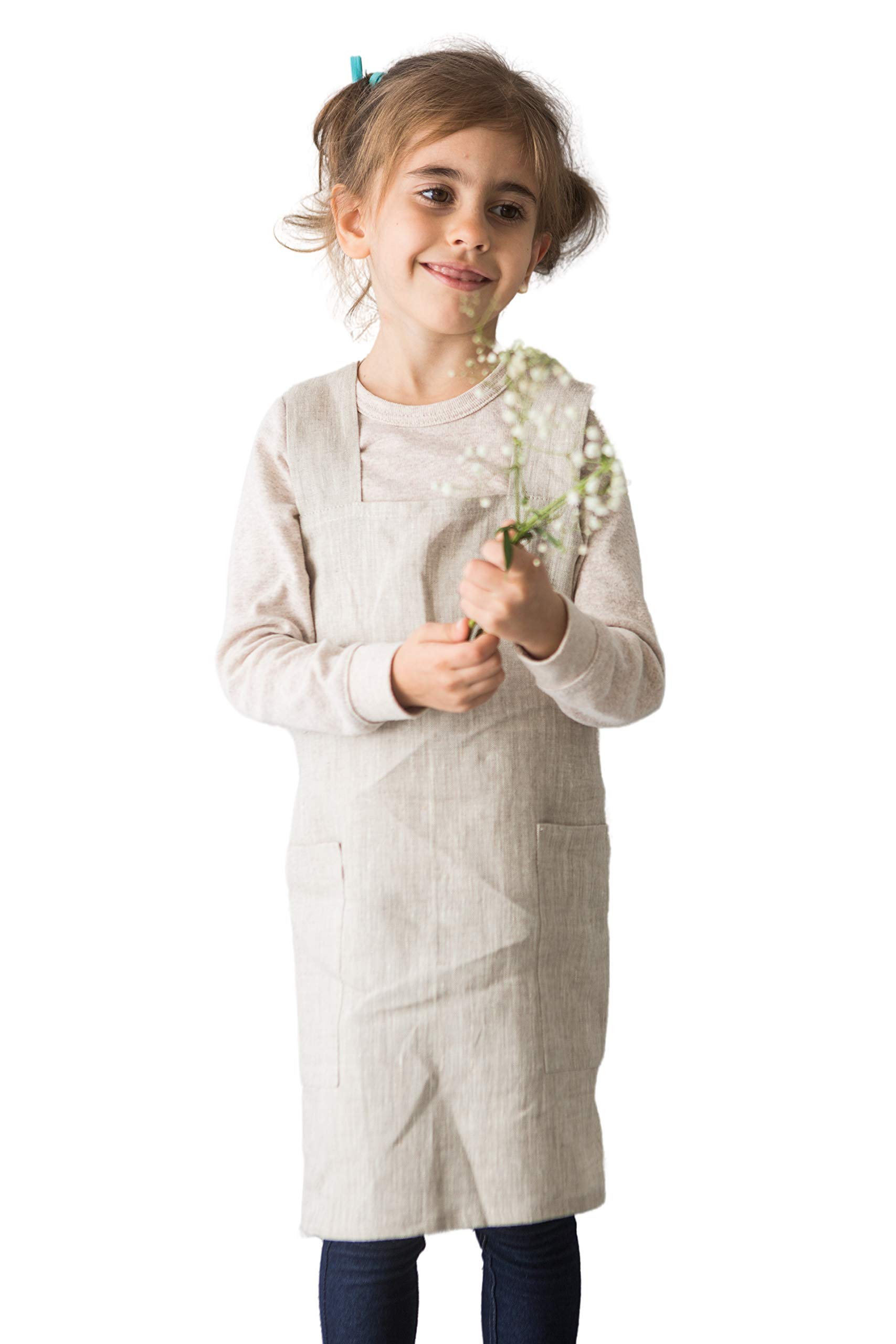 Bunny Street Kids Pinafore Apron - Premium Linen Smock Aprons for Children (Natural Linen, Kids 5-7 Years)