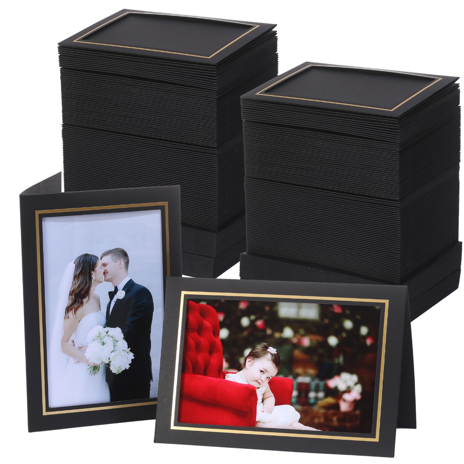 Photo 1 of 200 Count Photo Frame Cards with Envelopes 4x6 Paper Picture Frame Notecards Photo Card Holder Set for Thanksgiving,Halloween,Wedding Birthday Classroom DIY Fall Decor (Black with Gold Trim)