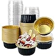 100Pcs Aluminum Cups with Lids,5oz Disposable Ramekin Baking Cups Muffin Liners Mini Pie Pans Foil Cupcake Containers for Christmas Party Wedding,Black Gold